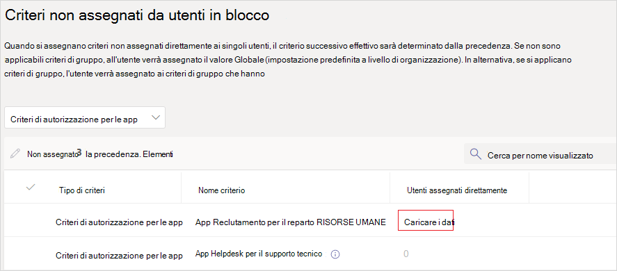 Screenshot della pagina Dei criteri di annullamento assegnazione in blocco con l'opzione carica dati.