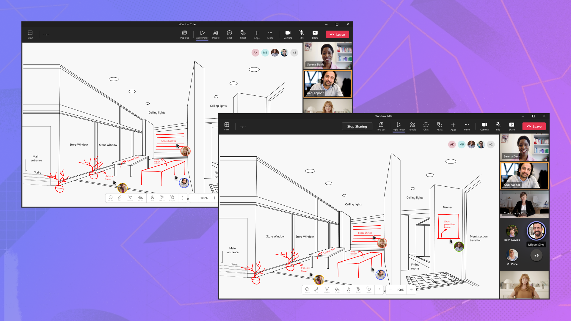 Screenshots shows an example of multiple users drawing on a canvas during a meeting.