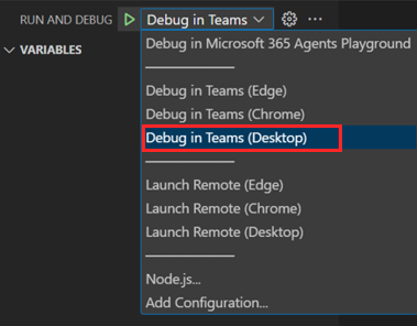 Screenshot shows the option to select debug in Teams (Desktop).