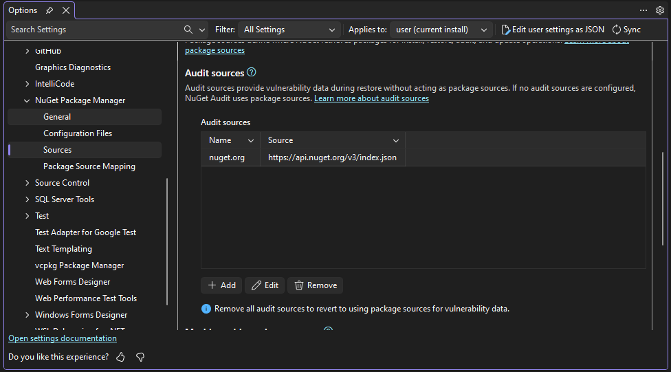 Controlla origine configurata per nuget.org