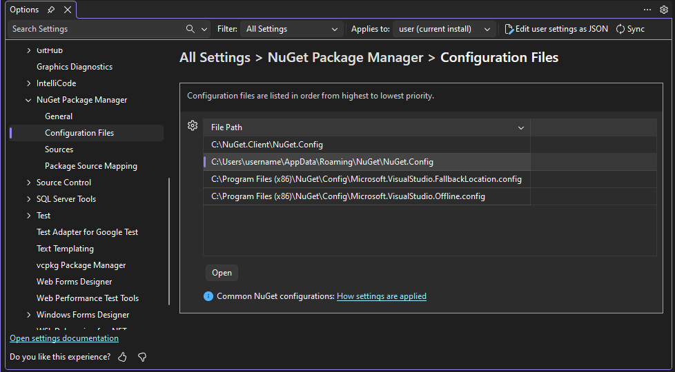 Pagina File di configurazione delle opzioni NuGet con il pulsante Apri evidenziato