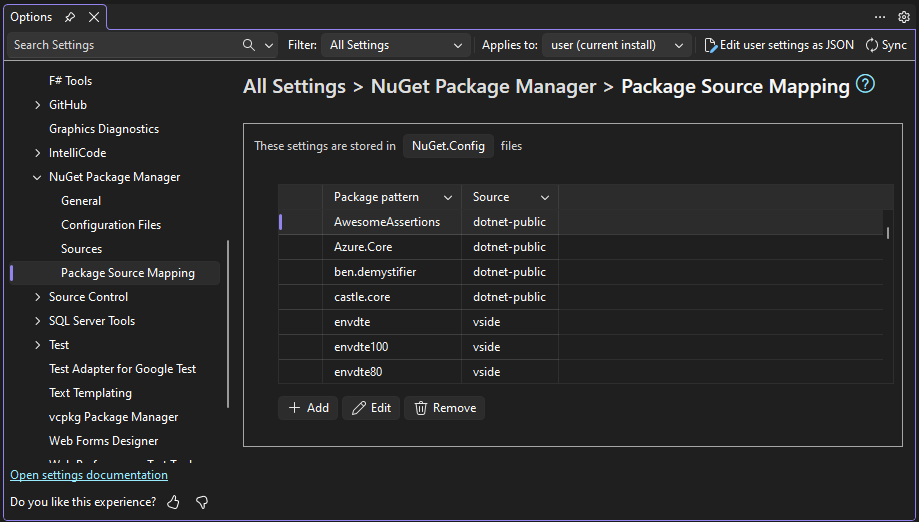 Pagina Mapping origine pacchetti di opzioni NuGet