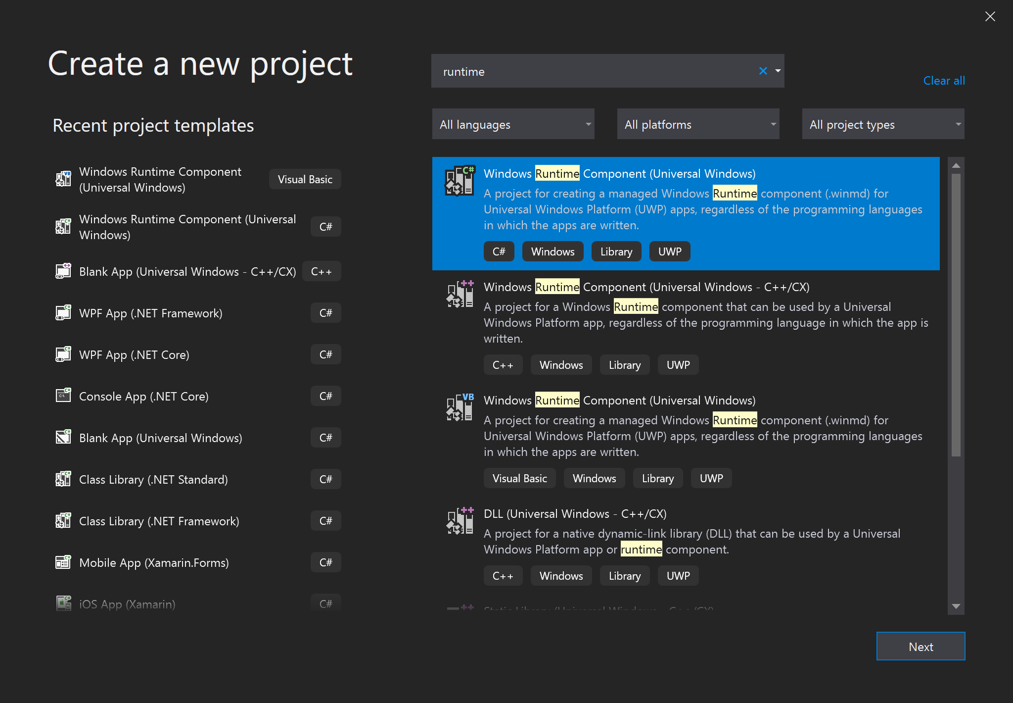 Creazione di un nuovo progetto componente di runtime di Windows UWP