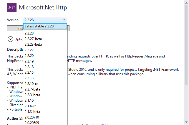 Selezione della versione del pacchetto