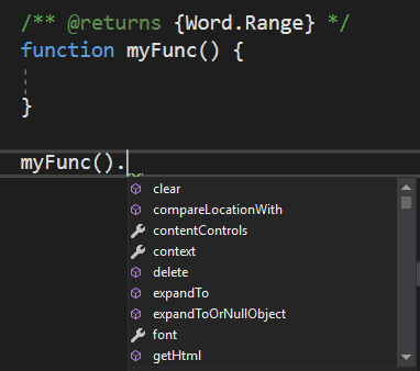 Excerpt of IntelliSense for `myFunc()` return value.