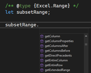 Excerpt of IntelliSense for `subsetRange` variable.