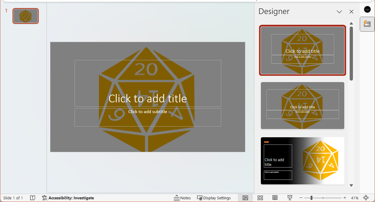 The selected PowerPoint title slide highlighted in the add-in.