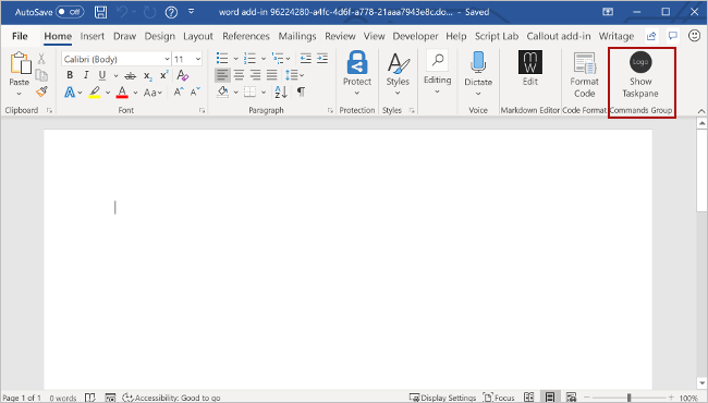 The Show Taskpane button highlighted in Word.