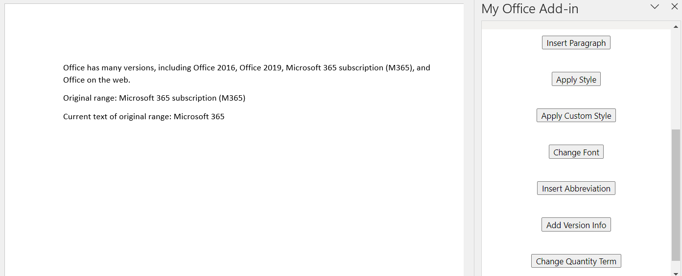 The results of choosing the add-in buttons Insert Abbreviation, Add Version Info, and Change Quantity Term.