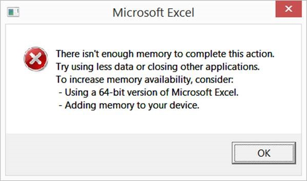 Dettagli dell'errore relativo alla memoria insufficiente per completare l'azione, che si verifica utilizzando una cartella di lavoro di Excel.