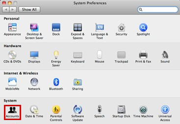 Selezionare il pulsante Account in Preferenze di sistema.