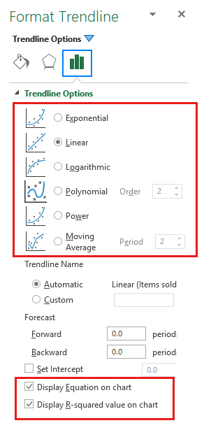 Screenshot di Opzioni linea di tendenza nella finestra Formato linea di tendenza.