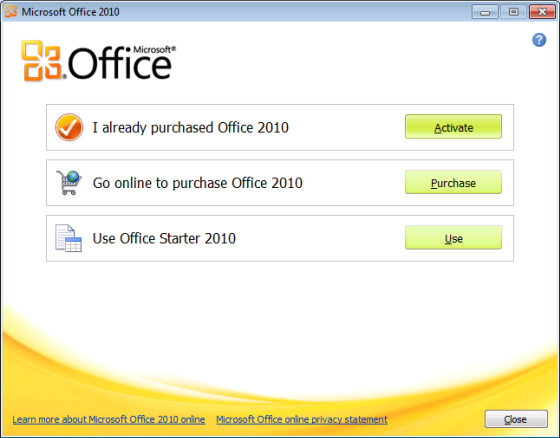 Screenshot per selezionare l'opzione Usa per installare Office Starter 2010.