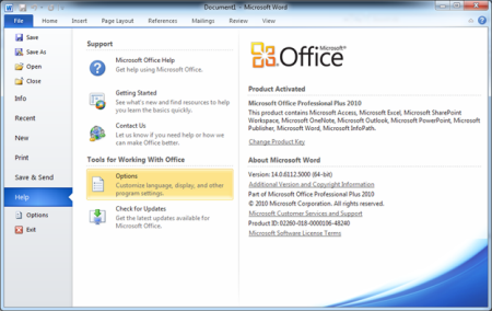 Screenshot per selezionare Opzioni nell'intestazione Strumenti per l'uso di Office.