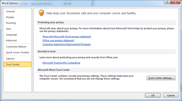 Screenshot per selezionare Centro protezione nel riquadro di spostamento di Opzioni Word.