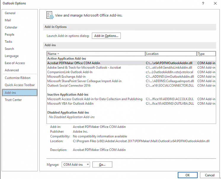 Screenshot per controllare i componenti aggiuntivi nella finestra Opzioni di Outlook.