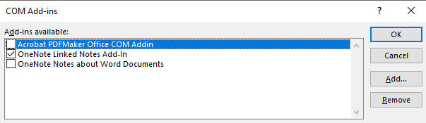 Screenshot per deselezionare la casella di controllo Componente aggiuntivo COM di Acrobat PDFMaker Office.