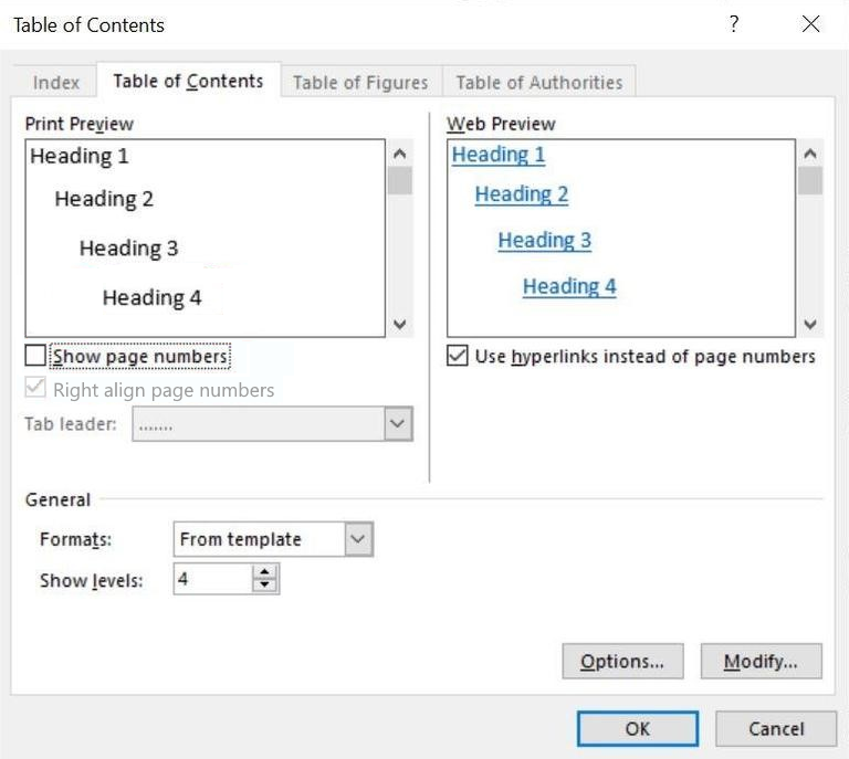 Screenshot che mostra come deselezionare la casella di controllo Mostra numeri di pagina.