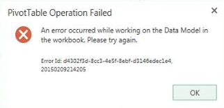 Screenshot del messaggio di errore che mostra l'operazione di tabella pivot non riuscita.