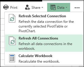 Screenshot per selezionare l'elemento Aggiorna tutto Connections nella scheda Dati.