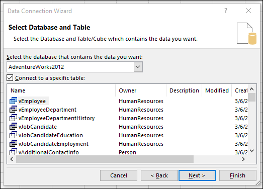 Screenshot per selezionare la tabella nella finestra Connessione guidata dati.