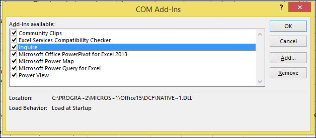 Screenshot della finestra Componenti aggiuntivi COM con la casella di controllo Verifica selezionata.