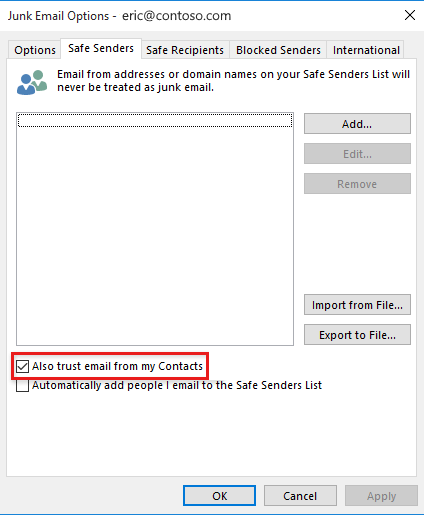 Screenshot dell'opzione Considera attendibile anche il messaggio di posta elettronica dei contatti.