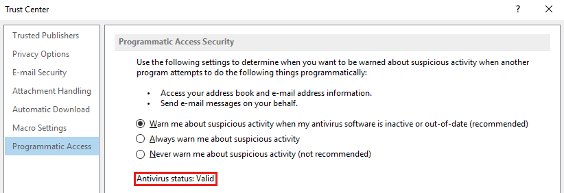Screenshot della finestra di dialogo Centro protezione, in cui lo stato antivirus valido è evidenziato nella voce Accesso programmatico.