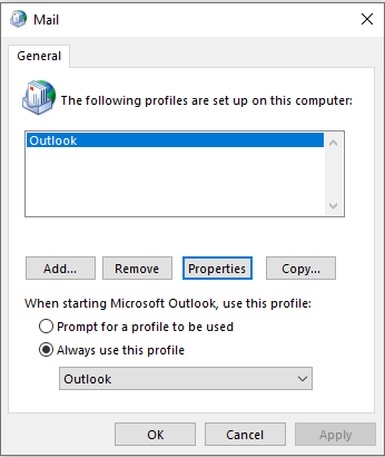 Screenshot della finestra di dialogo Posta. Il profilo Outlook attuale e il pulsante Proprietà sono selezionati.