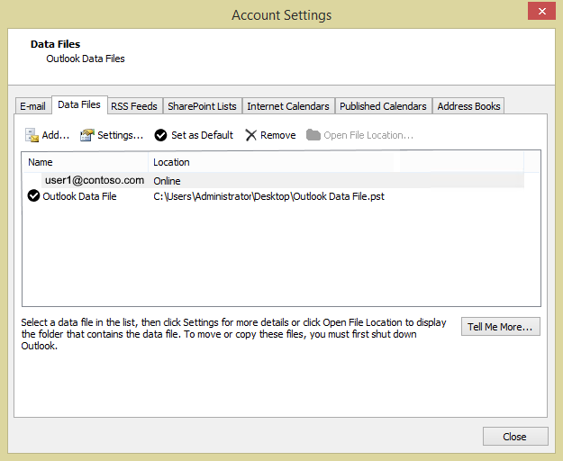 Screenshot della finestra di dialogo Impostazioni account in Outlook 2010. Nella scheda File di dati il percorso dell'indirizzo di posta elettronica è impostato su Online e il percorso del file di dati di Outlook è un file pst.