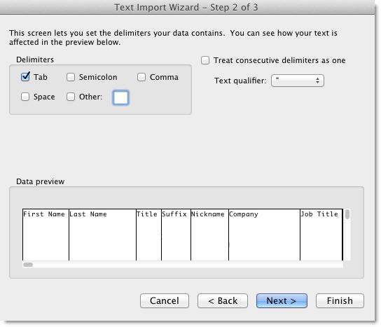 Screenshot dell'Importazione guidata testo, che mostra la casella di controllo Tab selezionata.