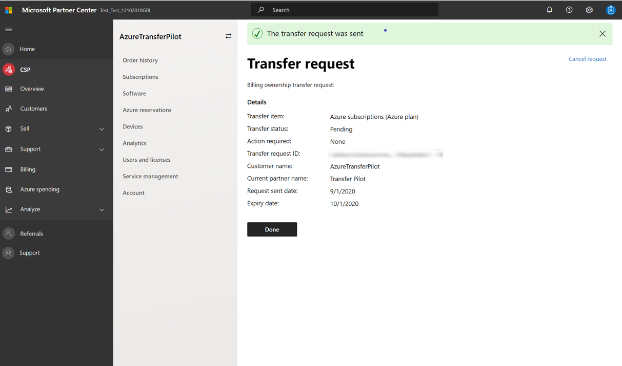 Screenshot that shows a transfer request confirmation.