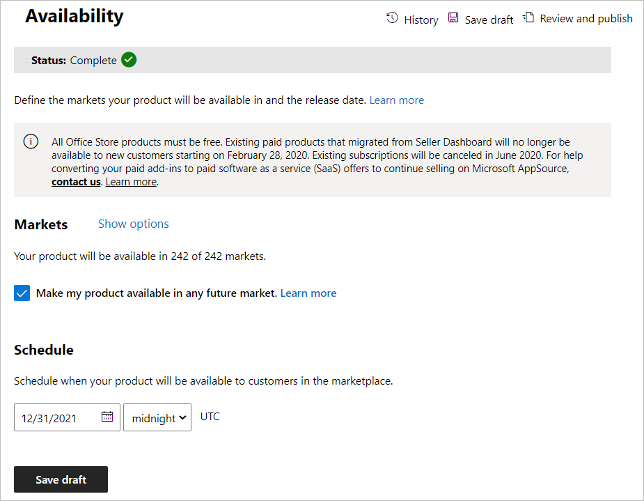 Screenshot che mostra la disponibilità del prodotto in un mercato futuro.
