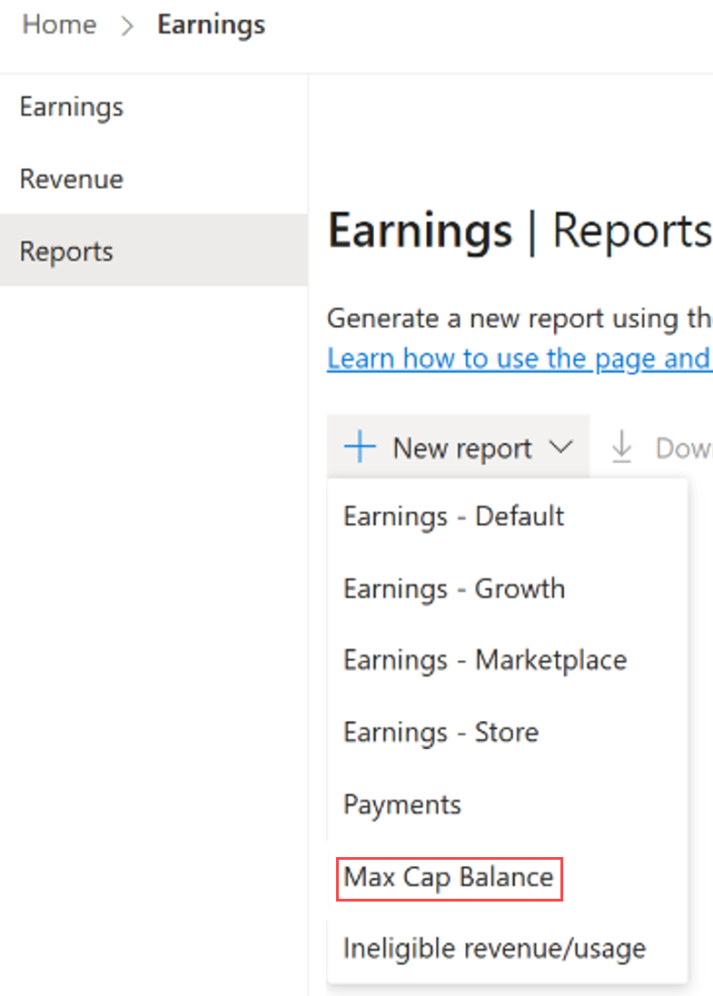 Screenshot della pagina Report utili con il nuovo report: Max Cap Balance selezionato.