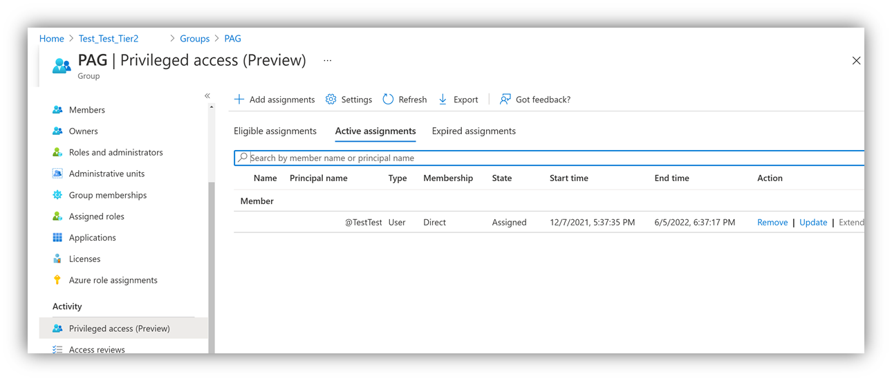 Screenshot che mostra un gruppo di accesso con privilegi.