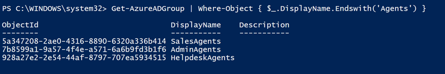 Screenshot che mostra una finestra della shell con un esempio dell'ObjectID dei gruppi.