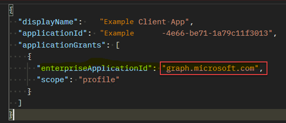 Screenshot di una richiesta non corretta, in cui enterpriseApplicationId usa graph.microsoft.com.