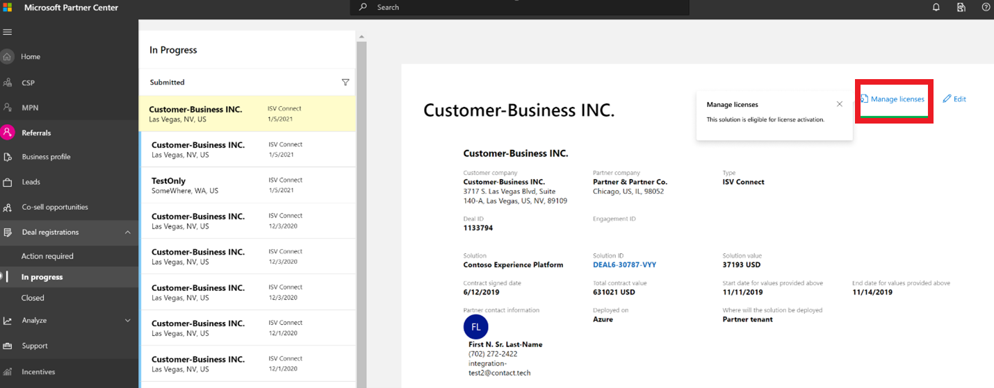 Screenshot che mostra il modulo in cui è possibile gestire le licenze per una trattativa isv Connessione.