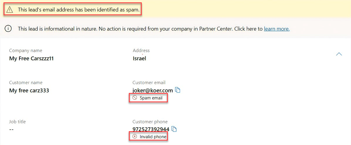 Screenshot di un lead nel Centro per i partner con avvisi di posta indesiderata evidenziati.
