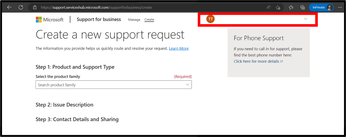Screenshot della schermata Crea una nuova richiesta di supporto con l'account utente evidenziato.