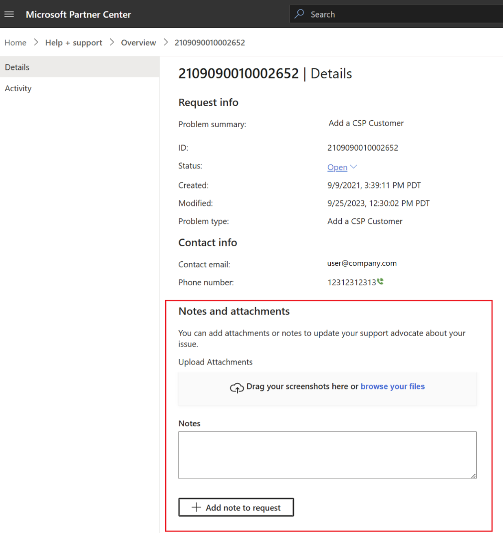 Screenshot che mostra la sezione Note e allegati di una richiesta di supporto di esempio.