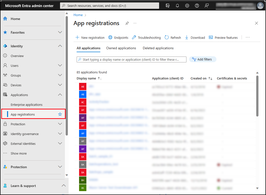 Navigating to the Microsoft Entra App registrations page.