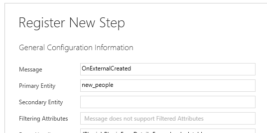 Registrazione di un passaggio del plug-in nel messaggio OnExternalCreated per l'entità new_people.