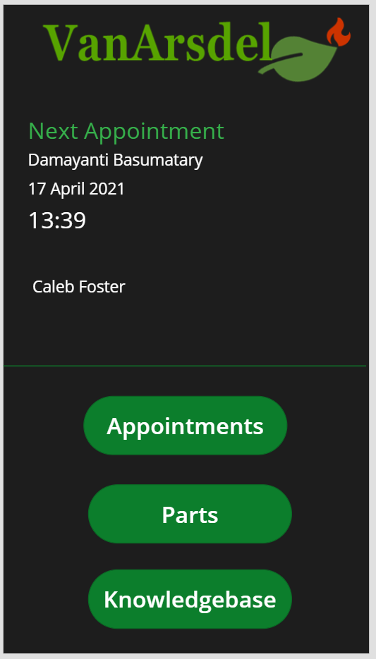 Schermata Home con il nome utente visualizzato.
