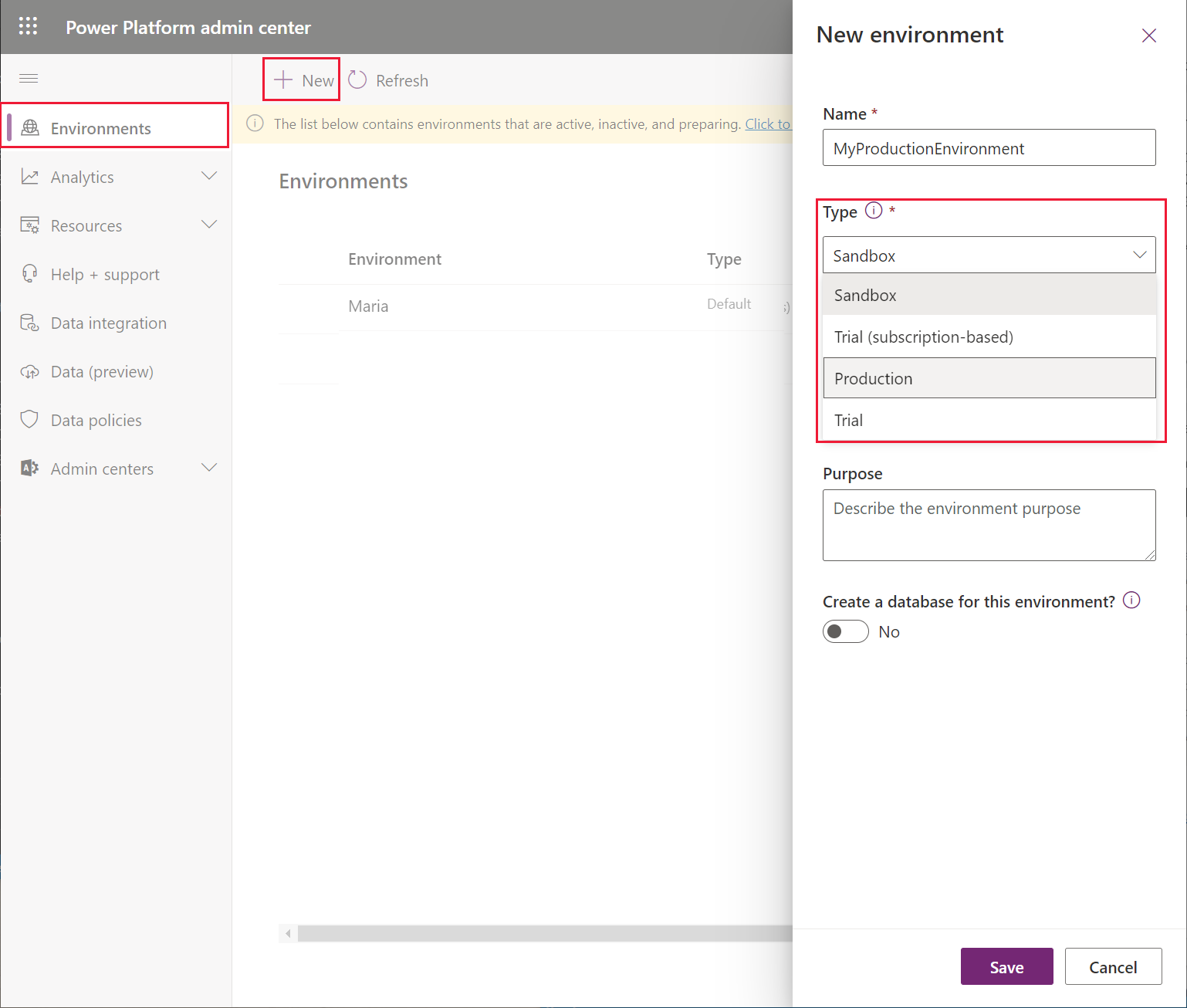 Crea un nuovo ambiente Power Apps.