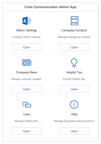 Schermata dell'app Crisis Communication per amministratori.