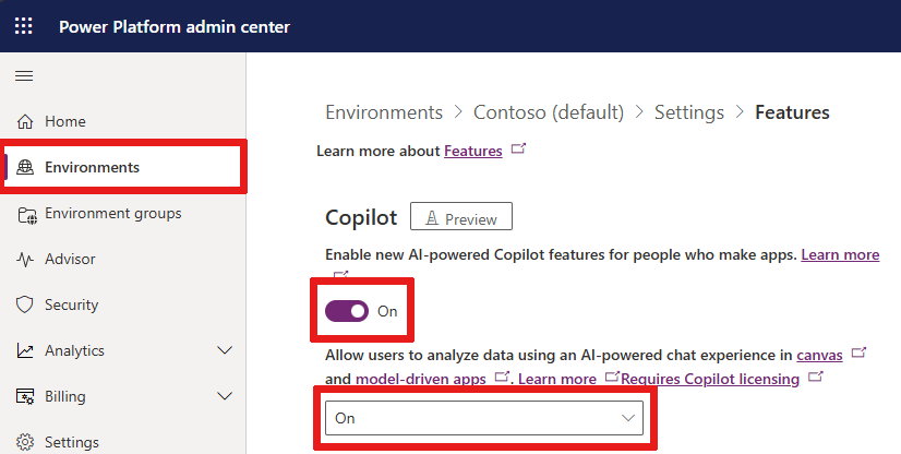 Schermata delle impostazioni dell'ambiente dell'interfaccia di amministrazione di Power Platform, che mostra le funzionalità di Copilot.