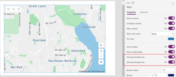 Screenshot del riquadro Proprietà di un controllo Mappa con le proprietà di disegno di forme attivate.