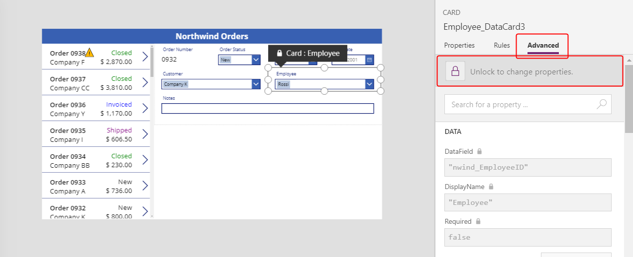 Sbloccare la scheda dati Employee.