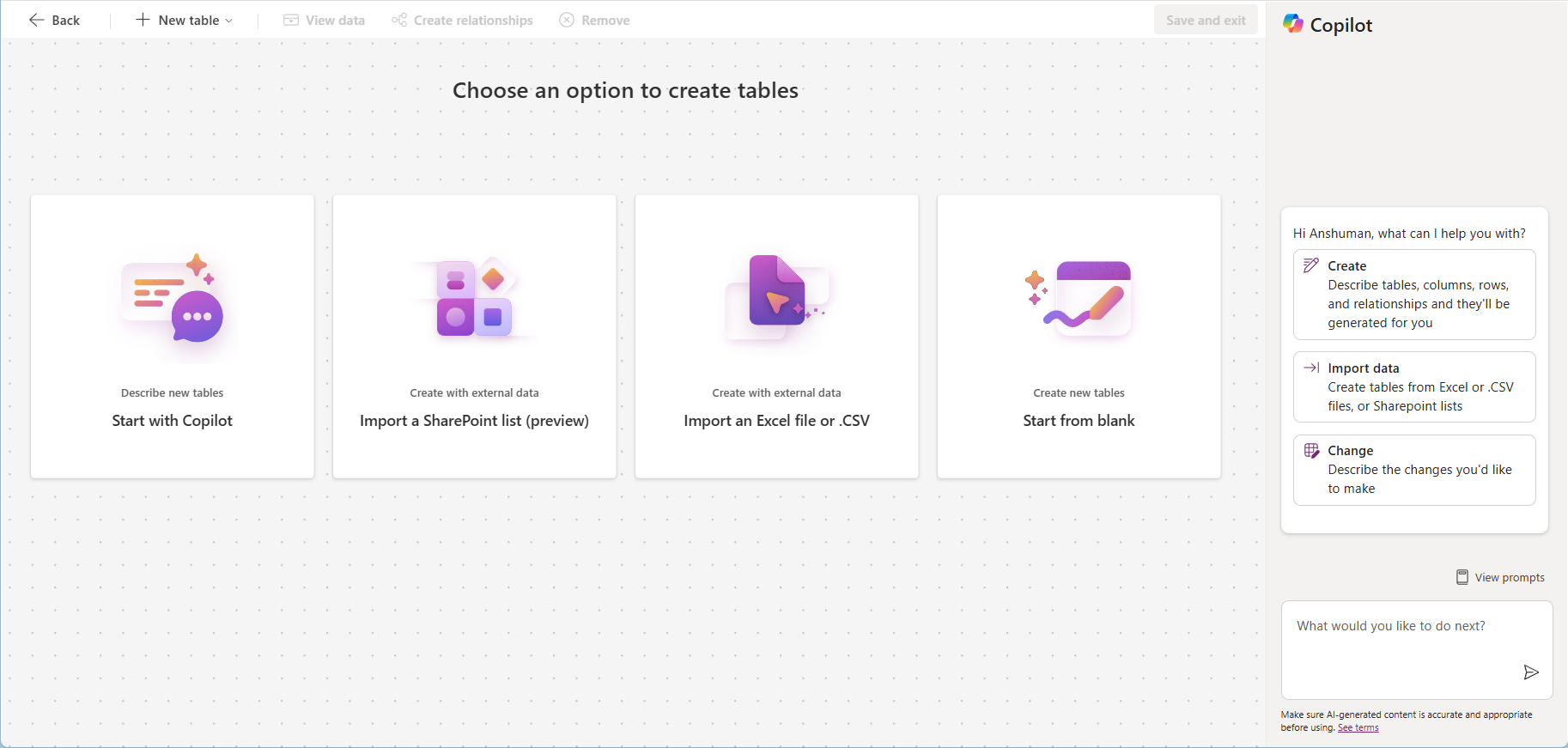 Screenshot che mostra cosa vedi dopo aver Seleziona Crea una nuova tabella.